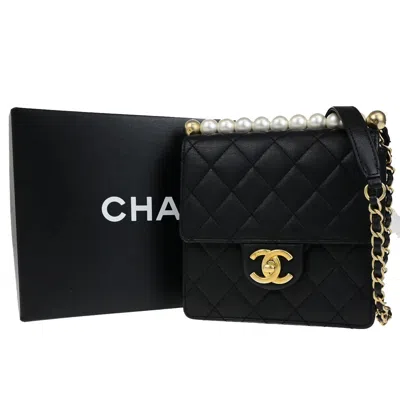 Pre-owned Chanel Chic Pearls Flap Bag Quilted Lambskin Leather Shoulder Bag Bag () In Black