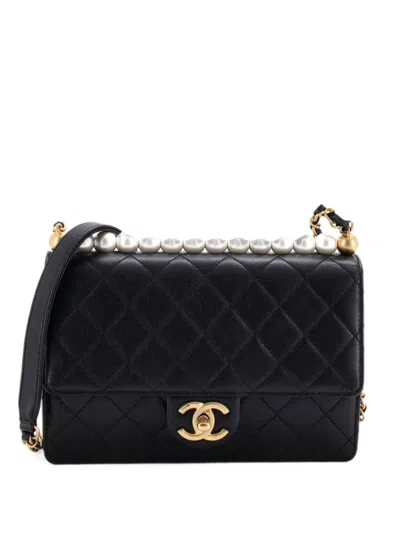 Pre-owned Chanel Chic Pearls Flap Bag Quilted Lambskin Small Shoulder Bag In Black