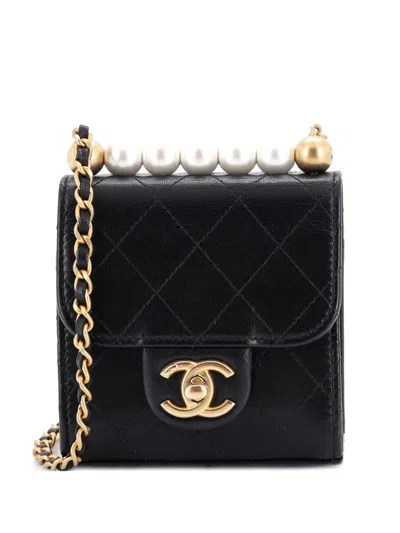 Pre-owned Chanel Chic Pearls Flap Clutch With Chain Quilted Goatskin Mini Crossbody Bag In Black