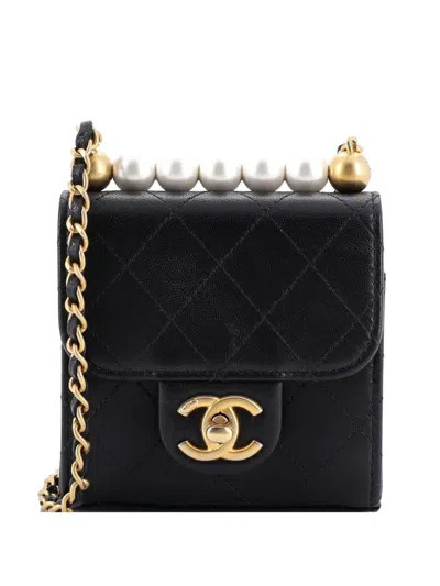 Pre-owned Chanel Chic Pearls Flap Clutch With Chain Quilted Goatskin Mini Crossbody Bag In Black