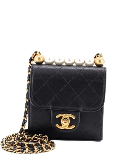 Pre-owned Chanel Chic Pearls Flap Clutch With Chain Quilted Goatskin Mini Crossbody Bag In Black