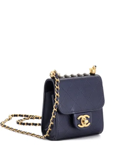 Pre-owned Chanel Chic Pearls Flap Clutch With Chain Quilted Goatskin Mini Crossbody Bag In Blue