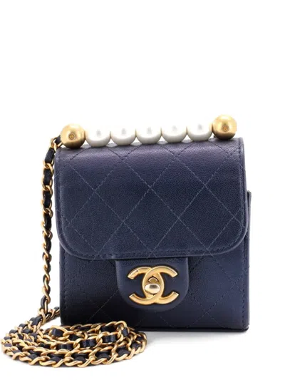Pre-owned Chanel Chic Pearls Flap Clutch With Chain Quilted Goatskin Mini Crossbody Bag In Blue
