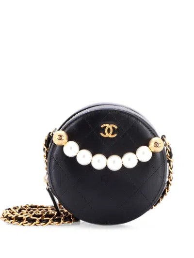 Pre-owned Chanel Chic Pearls Round Clutch With Chain Quilted Lambskin Crossbody Bag In Black