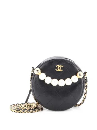 Pre-owned Chanel Chic Pearls Round Clutch With Chain Quilted Lambskin Crossbody Bag In Black