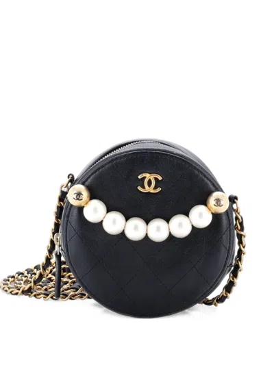 Pre-owned Chanel Chic Pearls Round Clutch With Chain Quilted Lambskin Crossbody Bag In Black