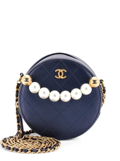 Pre-owned Chanel Chic Pearls Round Clutch With Chain Quilted Lambskin Crossbody Bag In Blue