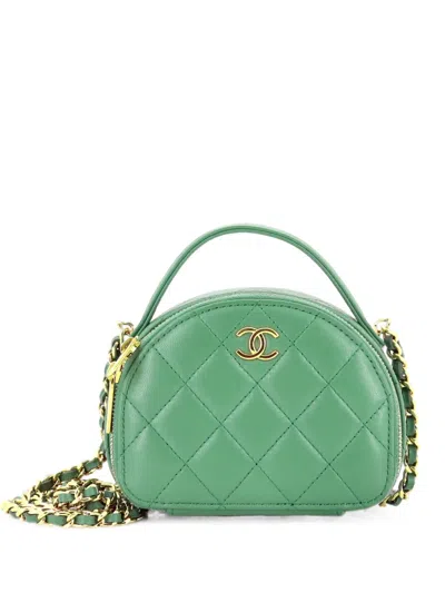 Pre-owned Chanel Chic Riviera Vanity Case With Chain Quilted Lambskin Mini Satchel In Green