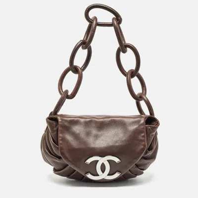 Pre-owned Chanel Choco Brown Pleated Leather Ring Cc Shoulder Bag