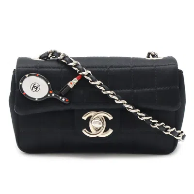 Pre-owned Chanel Chocolate Bar Flap Bag Quilted Satin Synthetic Shoulder Bag Bag () In Black