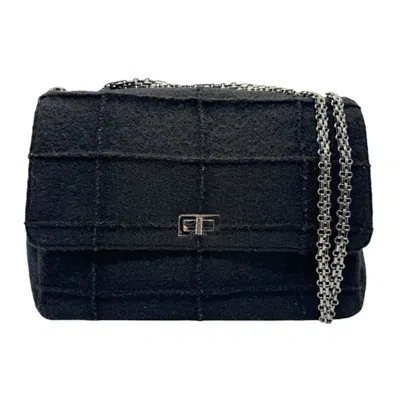 Pre-owned Chanel Chocolate Bar Mademoiselle Flap Bag Quilted Wool Black Synthetic Shoulder Bag Bag ()