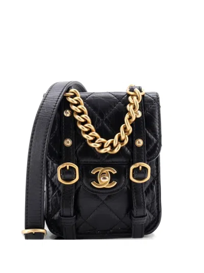Pre-owned Chanel City School Flap Messenger Bag Quilted Aged Calfskin Mini Crossbody Bag In Black