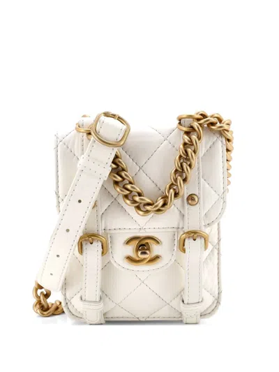 Pre-owned Chanel City School Flap Messenger Bag Quilted Aged Calfskin Mini Crossbody Bag In White