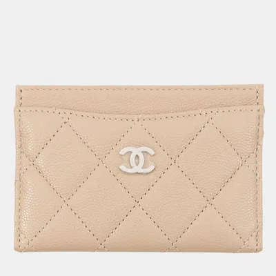 Pre-owned Chanel Classic Beige Caviar Leather Card Holder Wallet In Sand