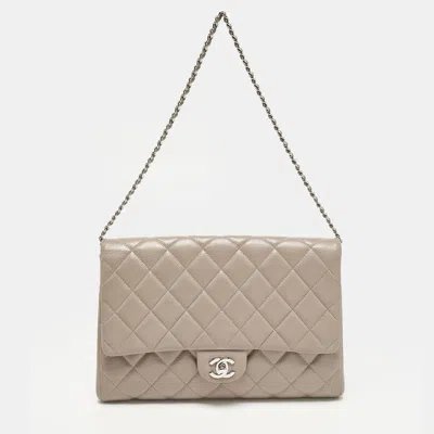 Pre-owned Chanel Classic Beige Quilted Caviar Leather Chain Clutch In Sand