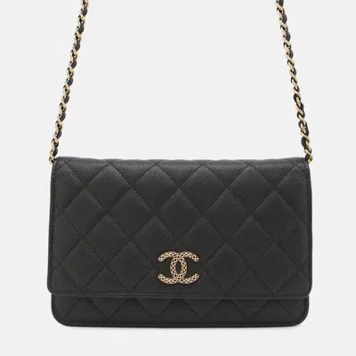 Pre-owned Chanel Classic Black Caviar Leather Wallet On Chain