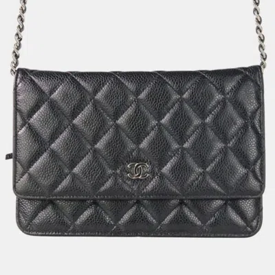 Pre-owned Chanel Classic Black Leather Wallet On Chain