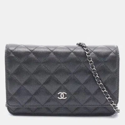 Pre-owned Chanel Classic Black Quilted Caviar Leather Wallet On Chain