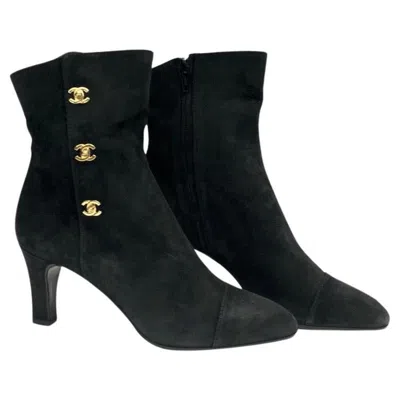 Pre-owned Chanel Classic Black Suede Cc Gold Toned Hardware Ankle Boots