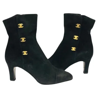 Pre-owned Chanel Classic Black Suede Gold Cc Ankle Boots