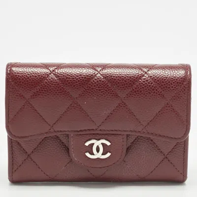 Pre-owned Chanel Classic Burgundy Quilted Caviar Leather Flap Card Holder