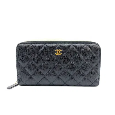 Pre-owned Chanel Classic Caviar Leather Long Wallet Black In Yellow
