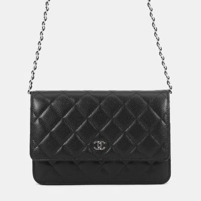 Pre-owned Chanel Classic Caviar Quilted Leather Wallet On Chain Bag In Black