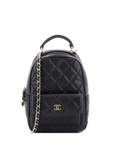 Pre-owned Chanel Classic Cc Chain Pocket Quilted Caviar Mini Backpack In Black