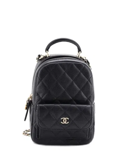 Pre-owned Chanel Classic Cc Chain Pocket Quilted Caviar Mini Backpack In Black