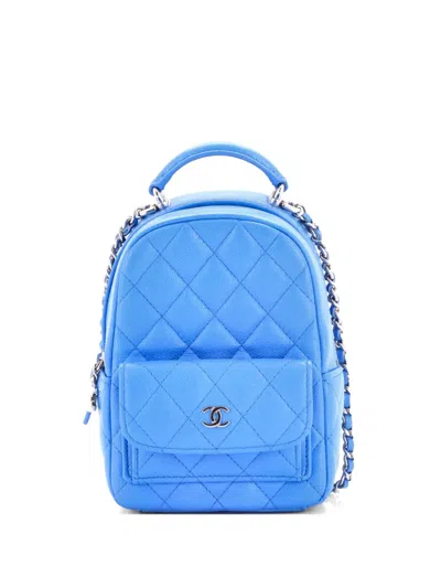 Pre-owned Chanel Classic Cc Chain Pocket Quilted Caviar Mini Backpack In Blue
