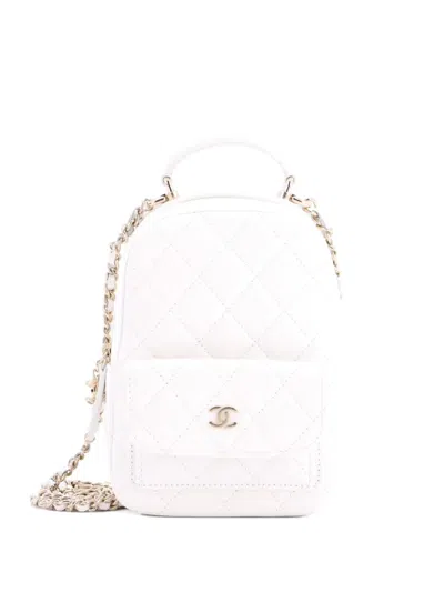 Pre-owned Chanel Classic Cc Chain Pocket Quilted Caviar Mini Backpack In White