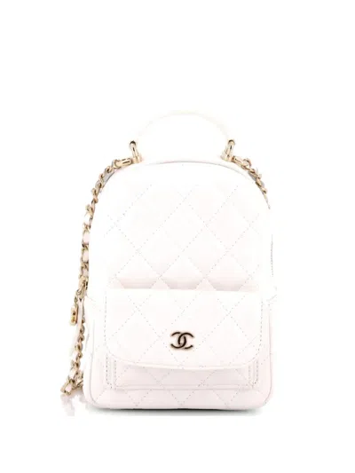 Pre-owned Chanel Classic Cc Chain Pocket Quilted Caviar Mini Backpack In White