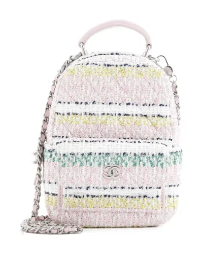 Pre-owned Chanel Classic Cc Chain Pocket Quilted Tweed Mini Backpack In Pink