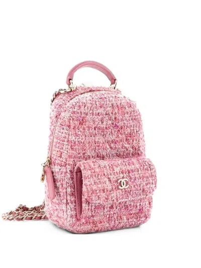 Pre-owned Chanel Classic Cc Chain Pocket Quilted Tweed Mini Backpack In Pink