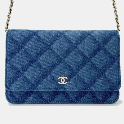 Pre-owned Chanel Classic Chain Wallet Blue Denim Leather
