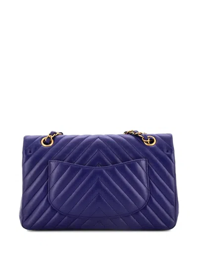 Pre-owned Chanel Classic Double Flap Bag Chevron Calfskin Medium Shoulder Bag In Blue
