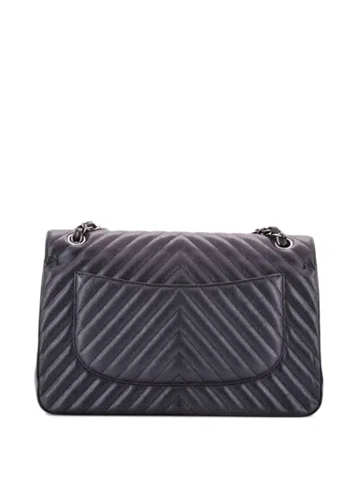 Pre-owned Chanel Classic Double Flap Bag Chevron Iridescent Caviar Jumbo Shoulder Bag In Black