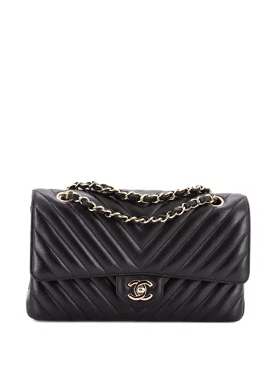 Pre-owned Chanel Classic Double Flap Bag Chevron Lambskin Medium Shoulder Bag In Black