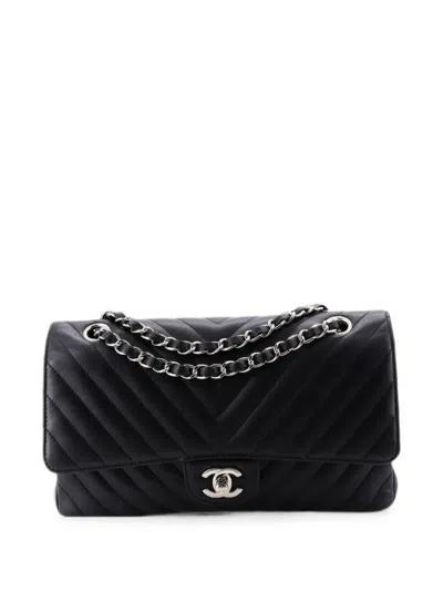 Pre-owned Chanel Classic Double Flap Bag Chevron Lambskin Medium Shoulder Bag In Black
