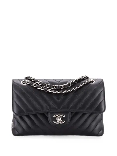 Pre-owned Chanel Classic Double Flap Bag Chevron Lambskin Medium Shoulder Bag In Black
