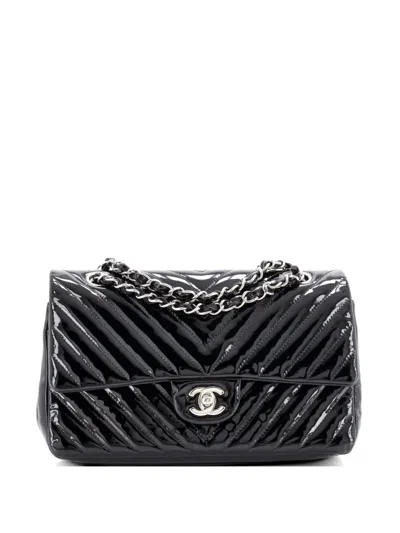 Pre-owned Chanel Classic Double Flap Bag Chevron Patent Medium Shoulder Bag In Black
