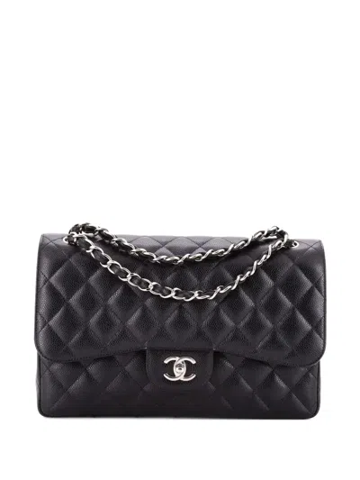 Pre-owned Chanel Classic Double Flap Bag Quilted Caviar Jumbo Shoulder Bag In Black