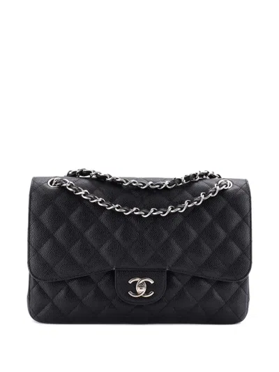 Pre-owned Chanel Classic Double Flap Bag Quilted Caviar Jumbo Shoulder Bag In Black