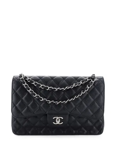 Pre-owned Chanel Classic Double Flap Bag Quilted Caviar Jumbo Shoulder Bag In Black