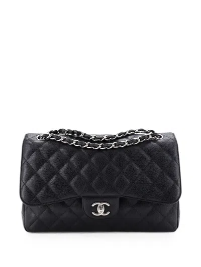 Pre-owned Chanel Classic Double Flap Bag Quilted Caviar Jumbo Shoulder Bag In Black