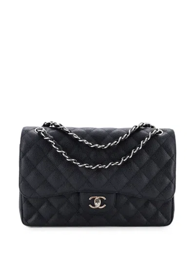 Pre-owned Chanel Classic Double Flap Bag Quilted Caviar Jumbo Shoulder Bag In Black