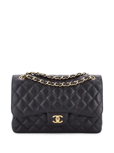 Pre-owned Chanel Classic Double Flap Bag Quilted Caviar Jumbo Shoulder Bag In Black