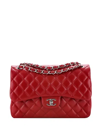 Pre-owned Chanel Classic Double Flap Bag Quilted Caviar Jumbo Shoulder Bag In Red