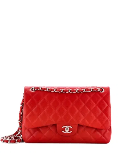 Pre-owned Chanel Classic Double Flap Bag Quilted Caviar Jumbo Shoulder Bag In Red