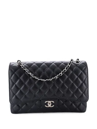 Pre-owned Chanel Classic Double Flap Bag Quilted Caviar Maxi Shoulder Bag In Black